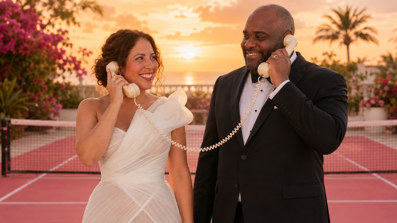 Julia and Wesley on matching phones at sunset